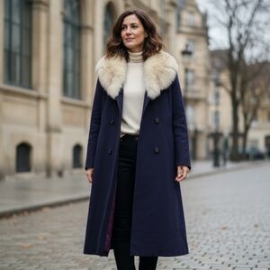 Navy Coat with Faux Fur Collar